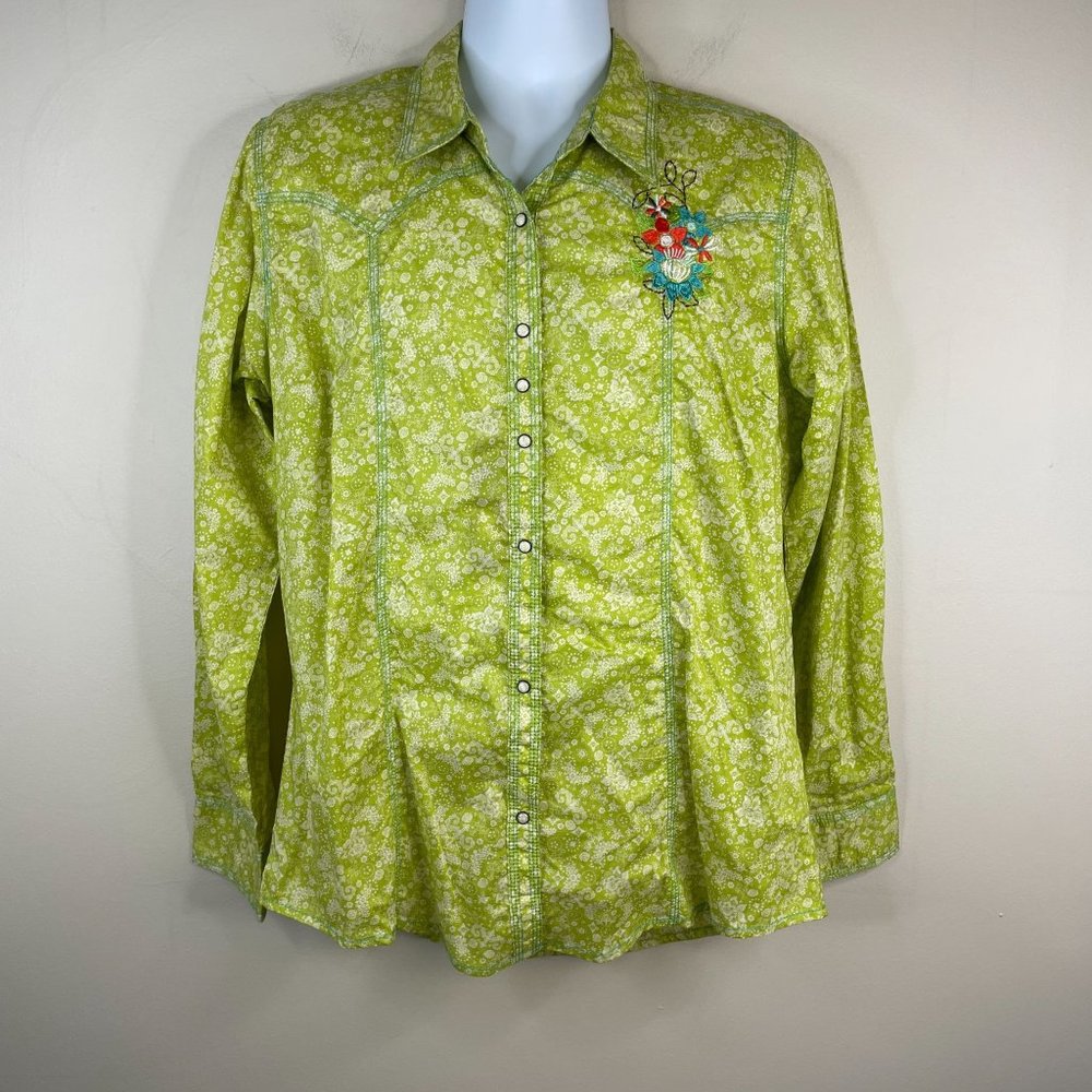 Wrangler Lime Green Floral Button-Down Shirt with Embroidered Detail